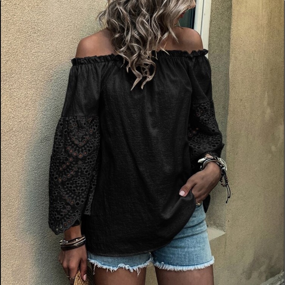 Boho Off Shoulder Eyelet Embroidery Frill Top Blouse White - Picture 10 of 15